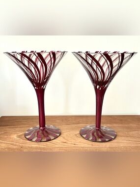 Epic Brand Hand Painted Tall Martini Glass Plum Stripe Boxed 7” SET OF 2 *RARE